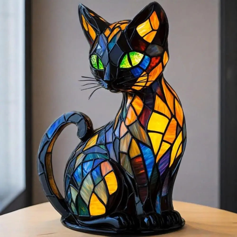 New Durable Stained Glass Cat Lamp Cats Stained Resin 3D Cute Tabletop Retro High Quality Pet Led Table Light Home Bedroom