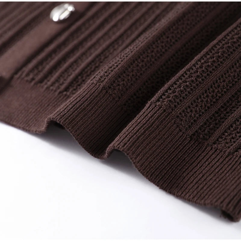 Fashion Knitted Long Pants Sets For Women Elegant Short Sleeve Lapel Single Breasted Cardigan Wide Leg Trousers 2 Pieces Suits
