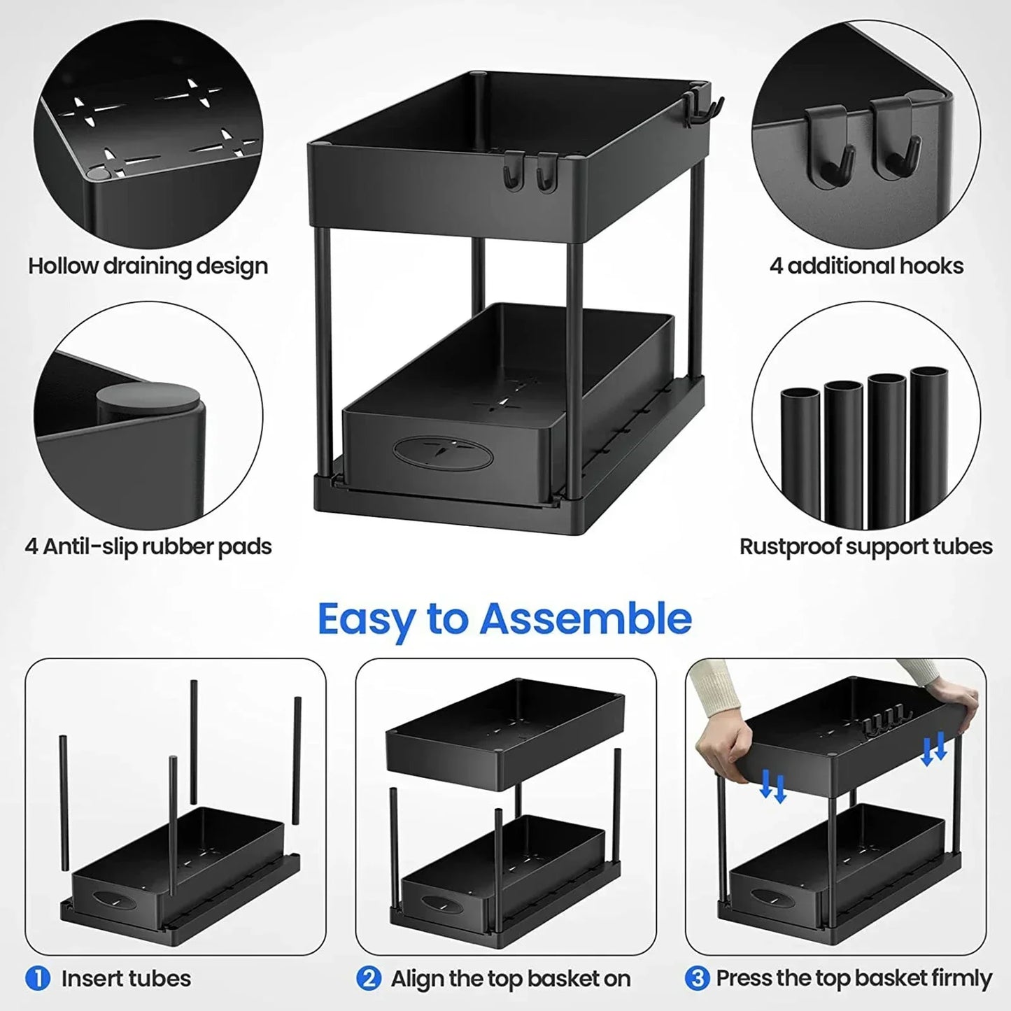 New 2 Tier Under Sink Organizer Sliding Cabinet Basket Kitchen Organizer Organizer Storage Rack with Hooks Hanging Cup Bathroom