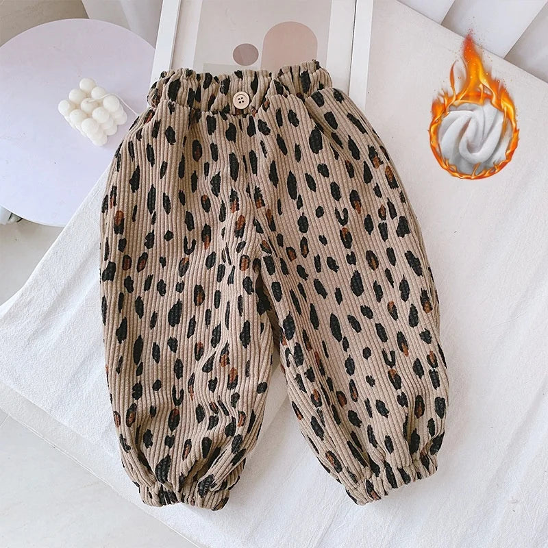 Korean Style Toddler Girls Corduroy Harem Pants 1-8Y Leopard Floral Print Autumn Winter Fleece-Lined or Thin Casual Pants