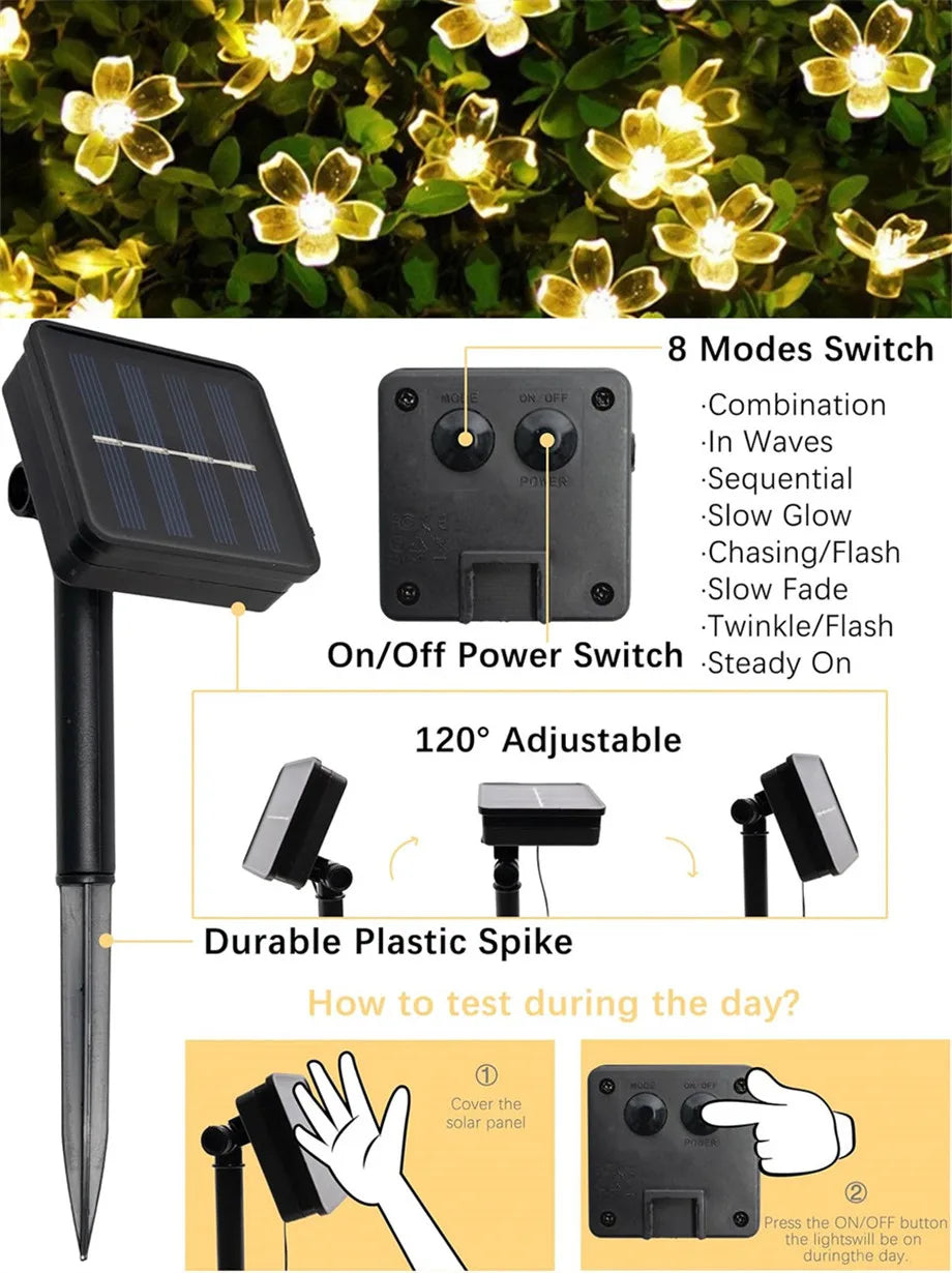 Sonkrag String Lights Kersiebloeisel LED Kransligte Buitelug Sonkrag Tuin Patio Dekor Ligte Kersfees Troue Party Versiering