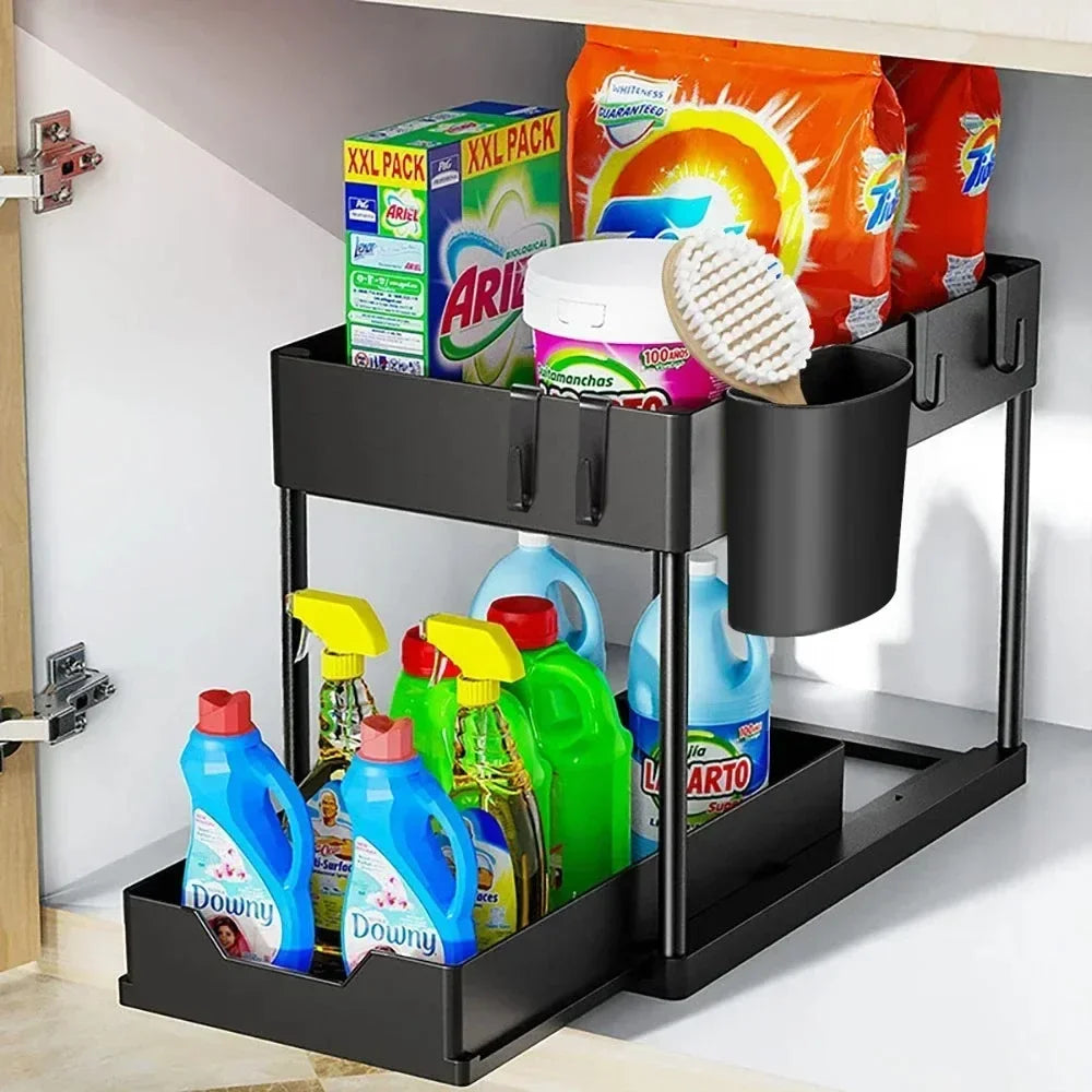New 2 Tier Under Sink Organizer Sliding Cabinet Basket Kitchen Organizer Organizer Storage Rack with Hooks Hanging Cup Bathroom