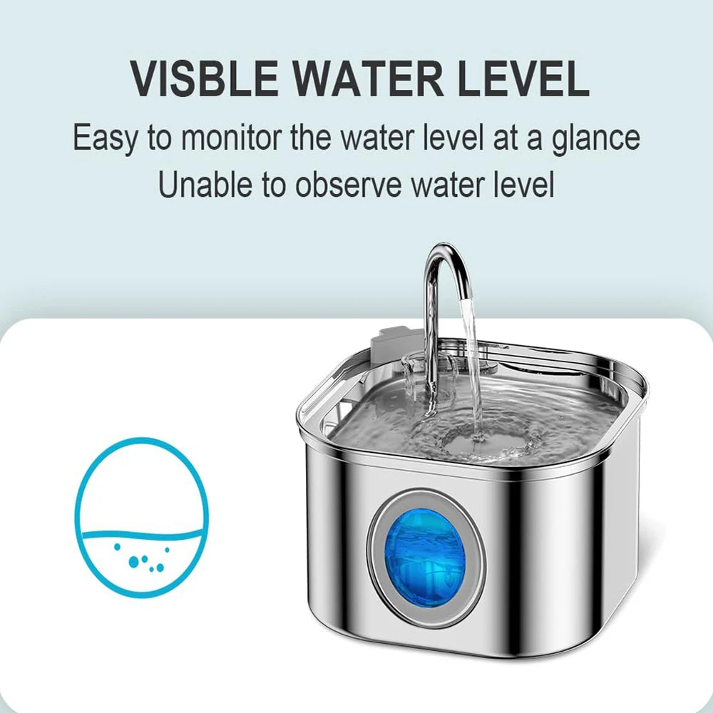 ZYFeeder 2.2L Automatic Cat Water Fountain Square Stainless Steel Pet Water Feeder Dog Water Fountain with window(No 5V 1A Plug)