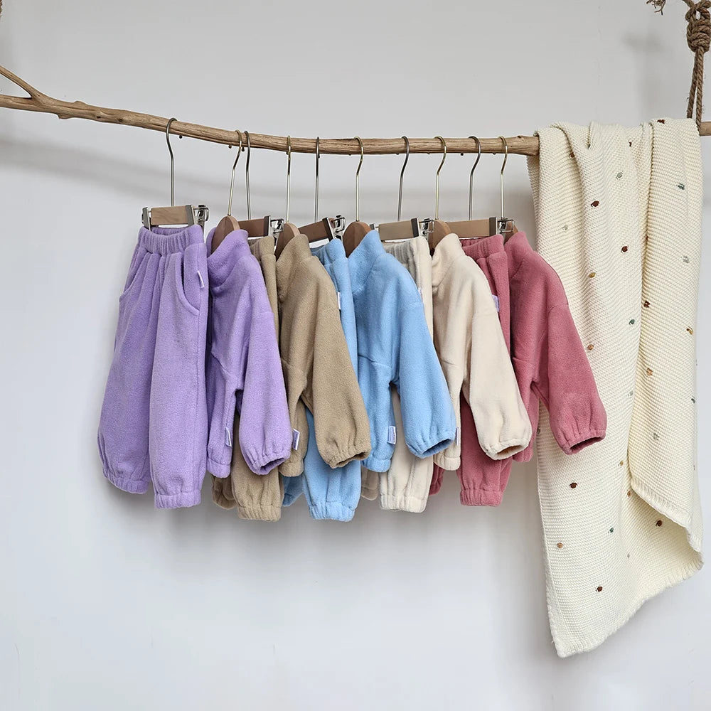 MILANCEL New Autumn Baby Sports Suit Toddler Fleece Solid Color Hoodies Suit Infant Outfit 2PCS