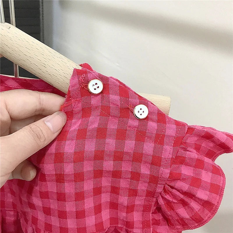 Summer Spring Baby Girls Cotton Loose Red Plaid Ruffle Sleeves Shirt Tops+Crop Pant Sets Child Outfit Kids 2PCS Tracksuit 2-10Yr