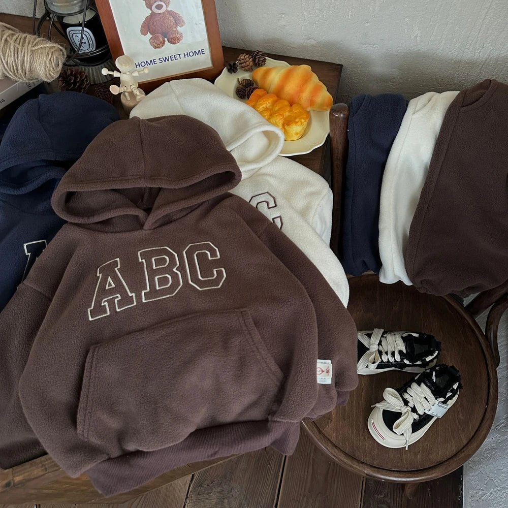 Children's Fleece Suits Insulated Baby Boy Winter Clothes Sets Letters Pullover Hoodie Sweater Top Pants Outfit Girl Tracksuit