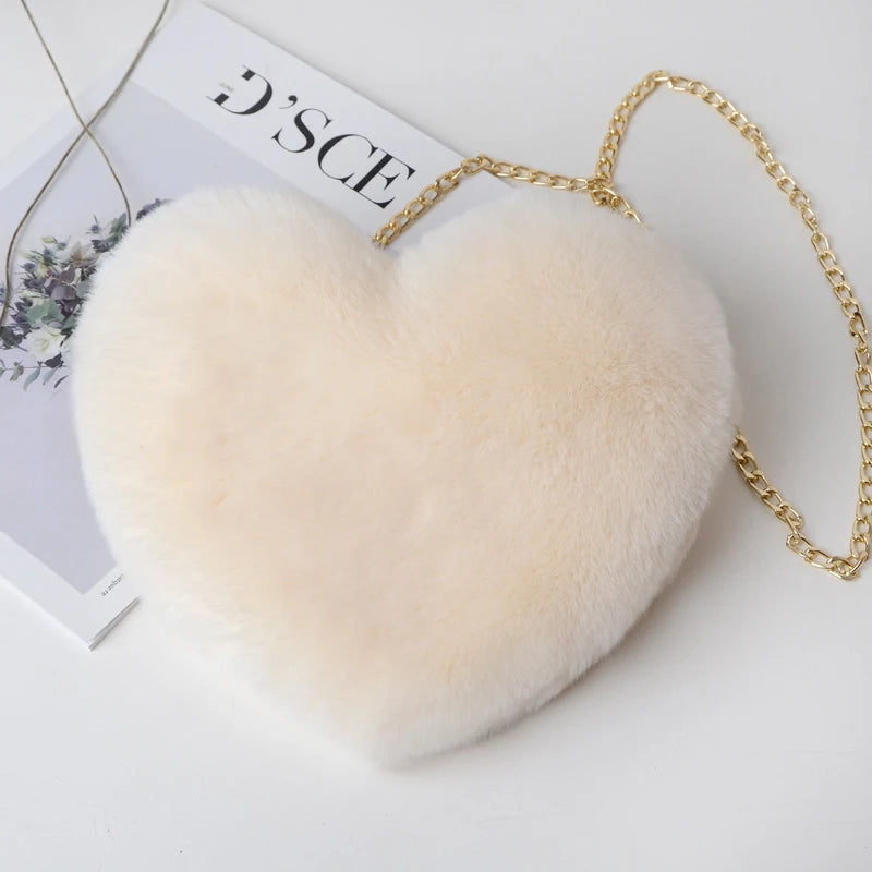 Fashion Women's Heart Shaped Handbags Cute Faux Fur Crossbody Bags Lady Soft Plush Chain Shoulder Bag Shopper Totes