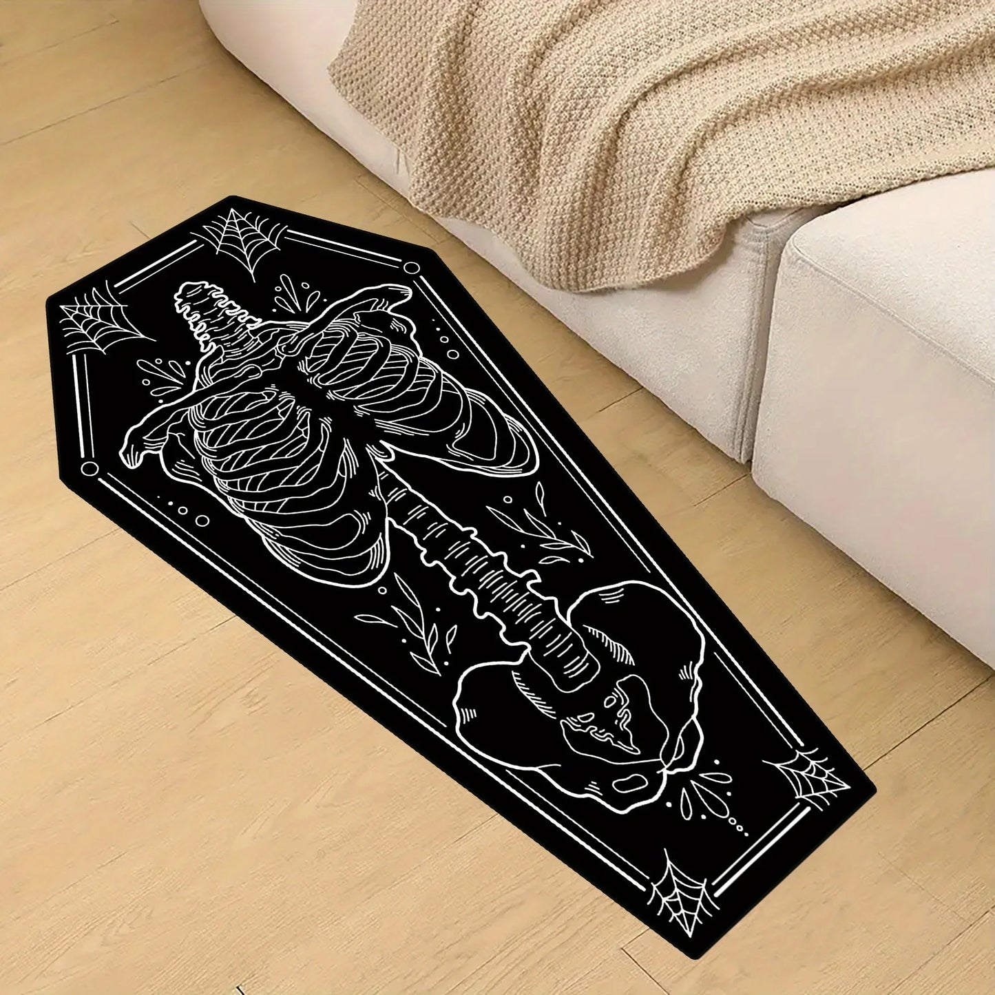 VIKAMA Gothic Coffin Shape Carpet Human Skeleton Pattern Soft Non-Slip Diablo Living Room Bedroom Halloween Party Decoration