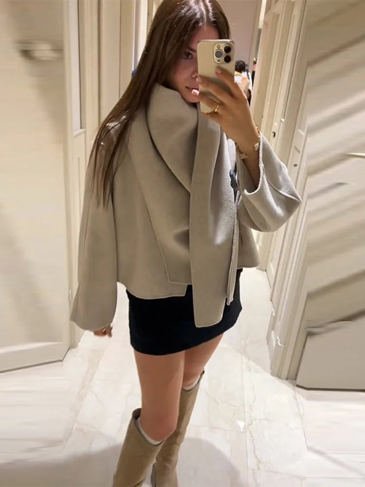 Winter Jacket Women Scarf Collar Short Woolen Coats Autumn 2025 Old Money Long Sleeve Solid Loose Bomber Jackets Chic Outerwears