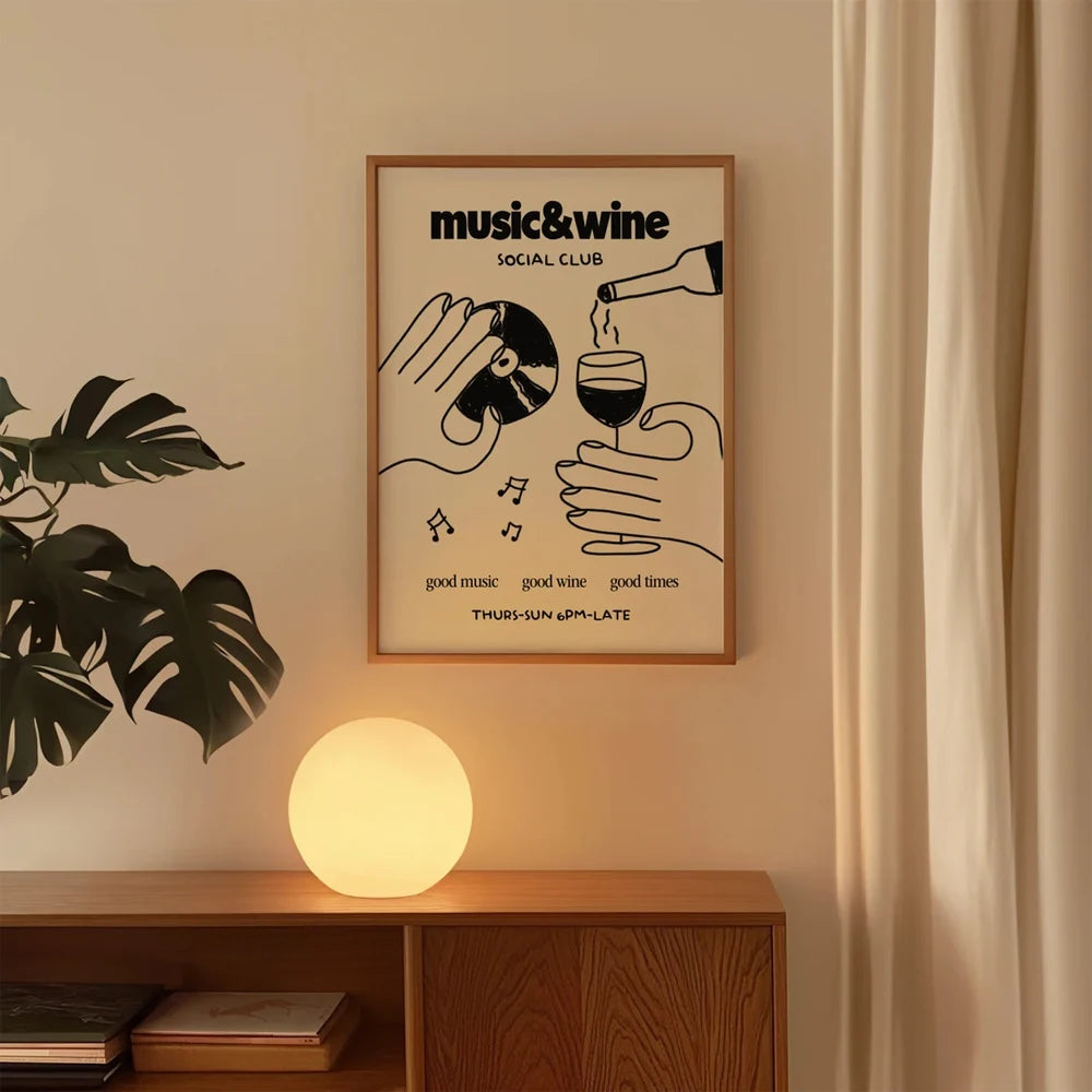 1PC Frameless Retro Music & Wine Illustration Posters Canvas Painting Wine Hand Drawn Print Wall Art Home Kitchen Club Bar Decor
