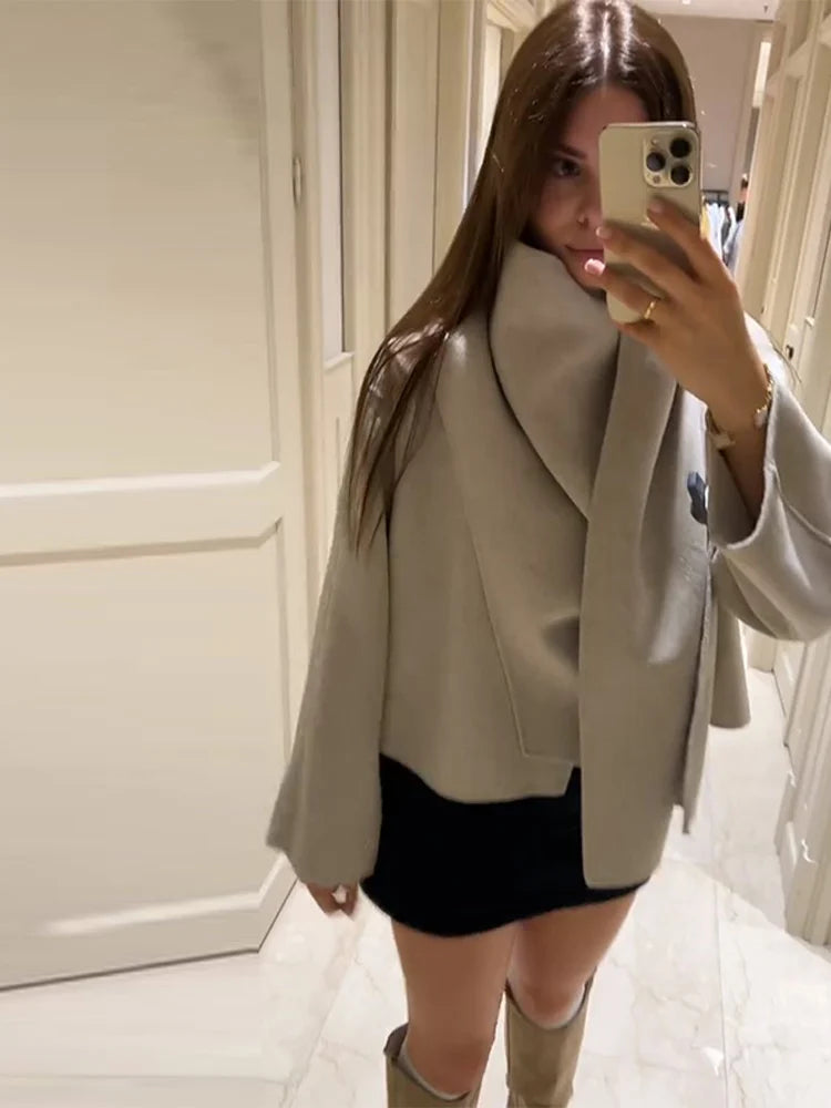 Winter Jacket Women Scarf Collar Short Woolen Coats Autumn 2025 Old Money Long Sleeve Solid Loose Bomber Jackets Chic Outerwears
