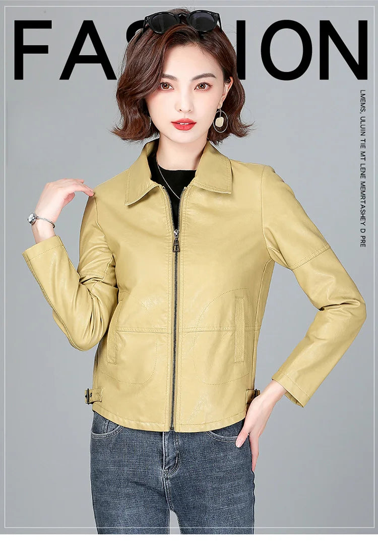 New Women Sheepskin Jacket Spring Autumn 2025 Fashion Casual Long Sleeve Short Zipper Leather Coat Loose Split Leather Outerwear