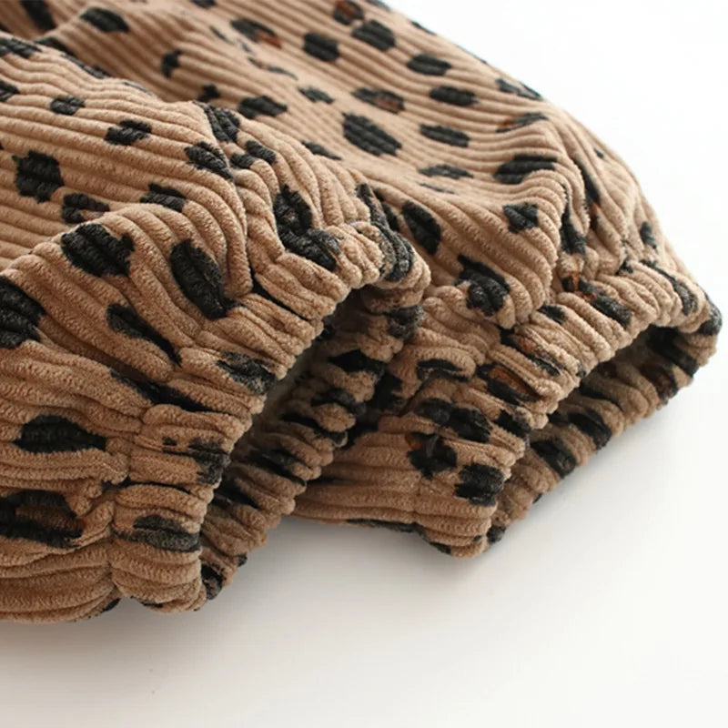 Korean Style Toddler Girls Corduroy Harem Pants 1-8Y Leopard Floral Print Autumn Winter Fleece-Lined or Thin Casual Pants