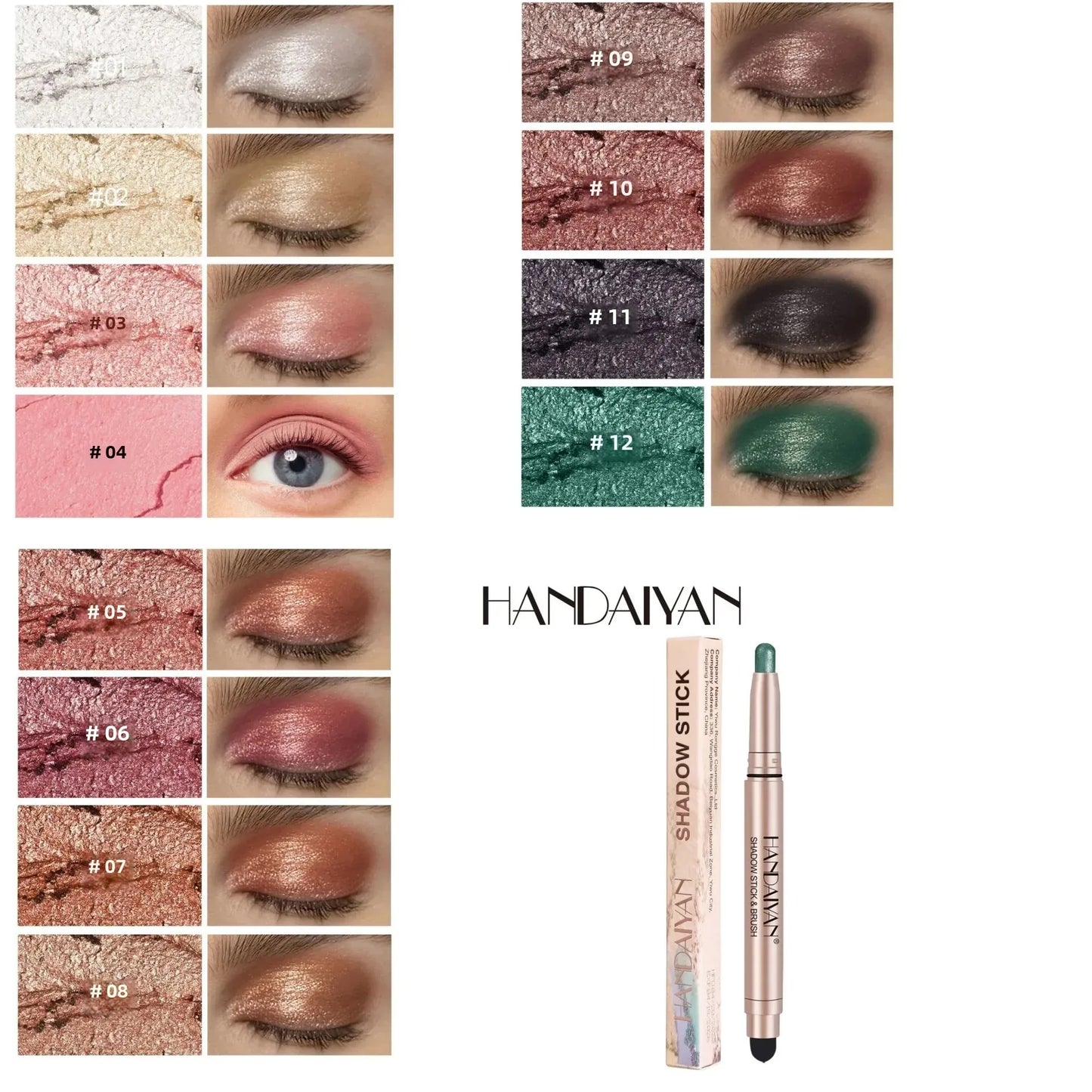 12 Colors Eyeshadow Stick Double Head Waterproof Long Lasting Metallic Shimmer Highlighter Cream Pen with Brush for Eyes