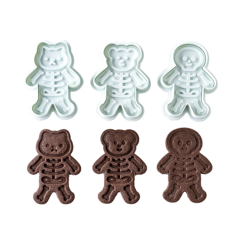 3Pcs Halloween Skull Cookie Cutter 3D Plastic Skeleton Gingerbread Man Biscuit Mold Fondant Pastry Cartoon Cake Decoration