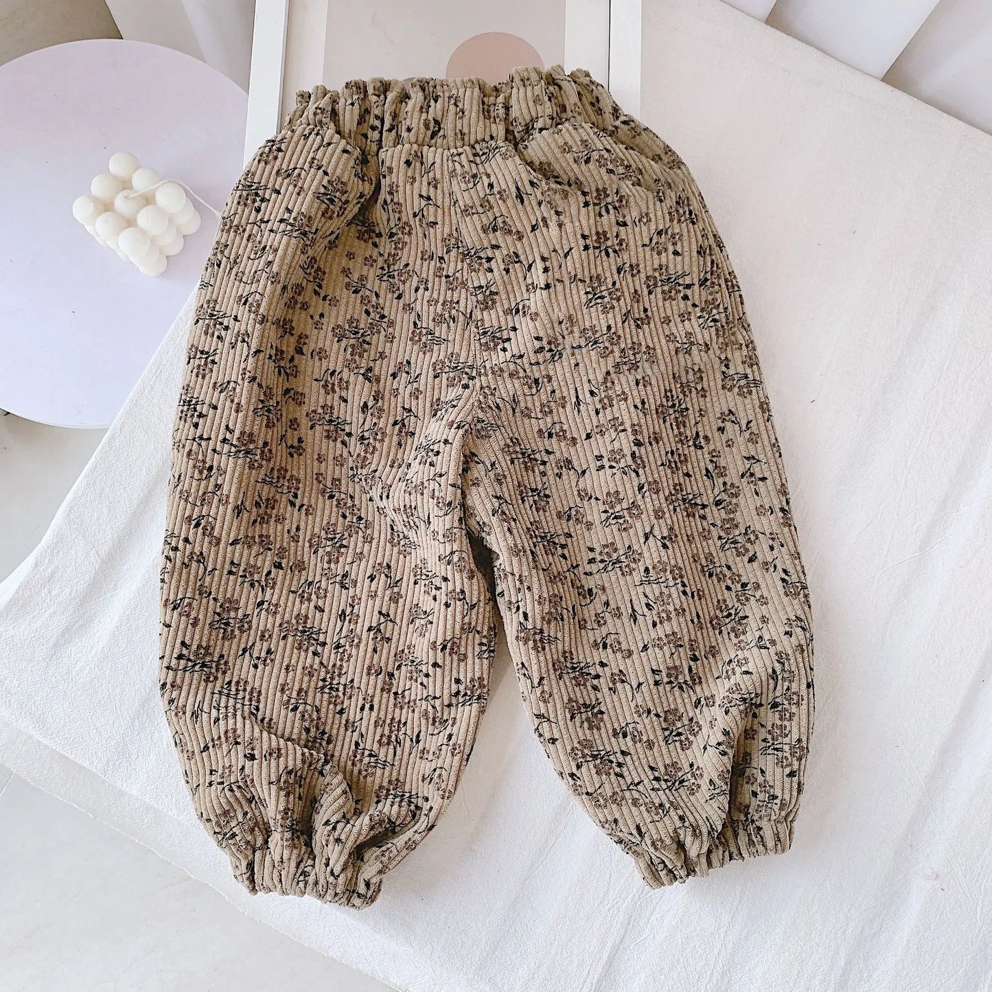 Korean Style Toddler Girls Corduroy Harem Pants 1-8Y Leopard Floral Print Autumn Winter Fleece-Lined or Thin Casual Pants