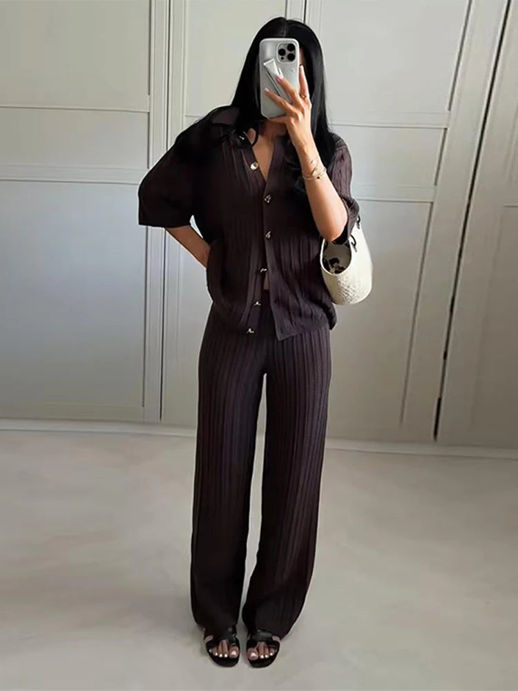 Fashion Knitted Long Pants Sets For Women Elegant Short Sleeve Lapel Single Breasted Cardigan Wide Leg Trousers 2 Pieces Suits