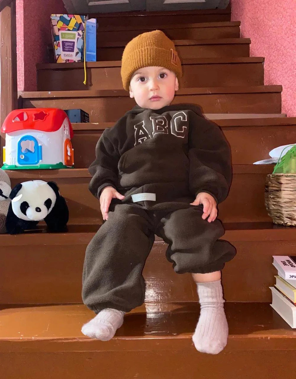 Children's Fleece Suits Insulated Baby Boy Winter Clothes Sets Letters Pullover Hoodie Sweater Top Pants Outfit Girl Tracksuit