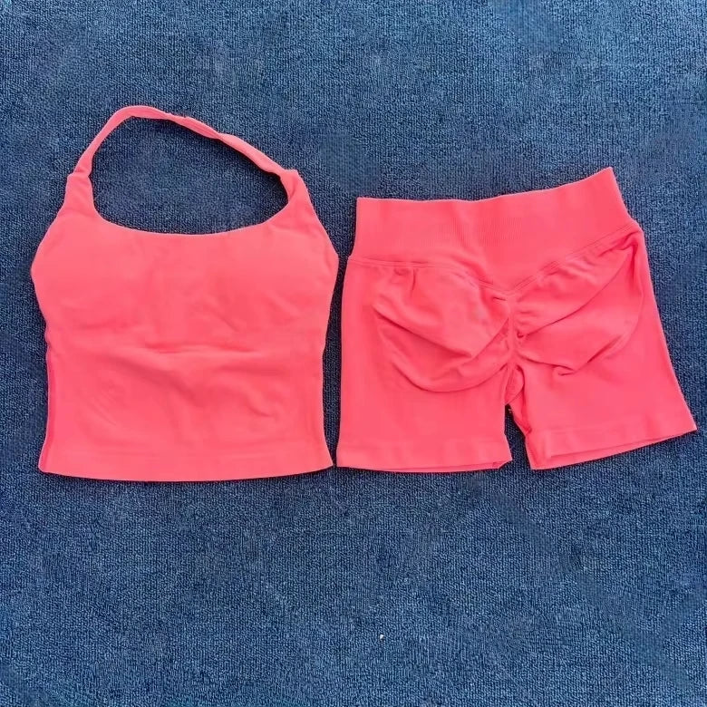 Yoga fitness set; strapless bra and shorts set; seamless backless vest; invisible elastic texture hip-lifting shorts
