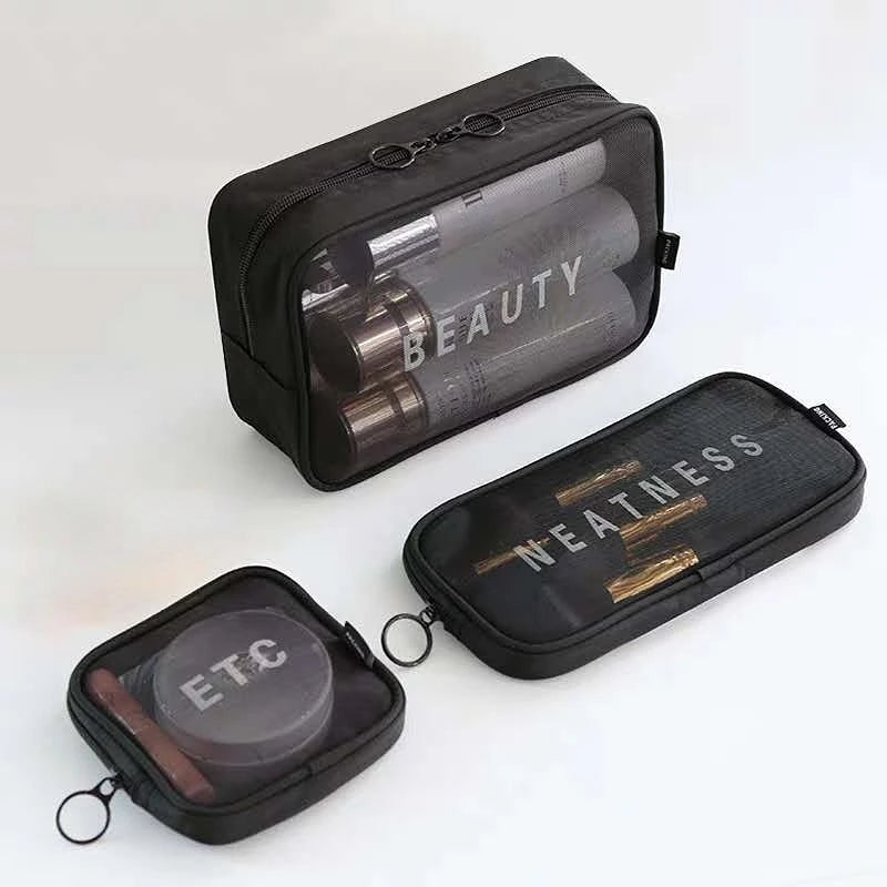 Makeup Bag Women Travel Toiletry Wash Makeup Bag Storage Case Zipper Make Up Bags Black Dot Transparent Mesh Cosmetic Bag