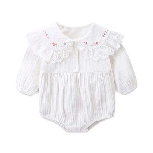 Infant Baby Girls Jumpsuit+Hat Embroidery Lace Stitching Cotton Long Sleeve Toddler Baby Girl Romper Spring Autumn Baby Clothes