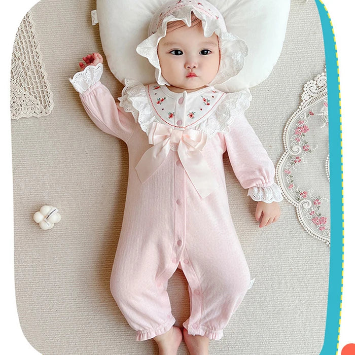 Infant Baby Girls Jumpsuit+Hat Embroidery Lace Stitching Cotton Long Sleeve Toddler Baby Girl Romper Spring Autumn Baby Clothes