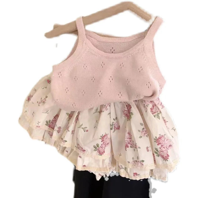 Ins Summer Toddler Girl Outfit 2024 Hollow Cool Slip Tees Lace Rose Flower Bud Shorts Baby Girl 2PCS Clothes Set Kid Girl Suits