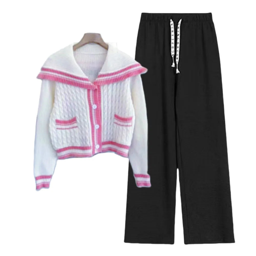 New In Spring Women's 2 Pieces Set Sweet Preppy Style Sweater Cardigan Long Sleeve Crop Top Wide Leg Pants Casual Lady's Outfits