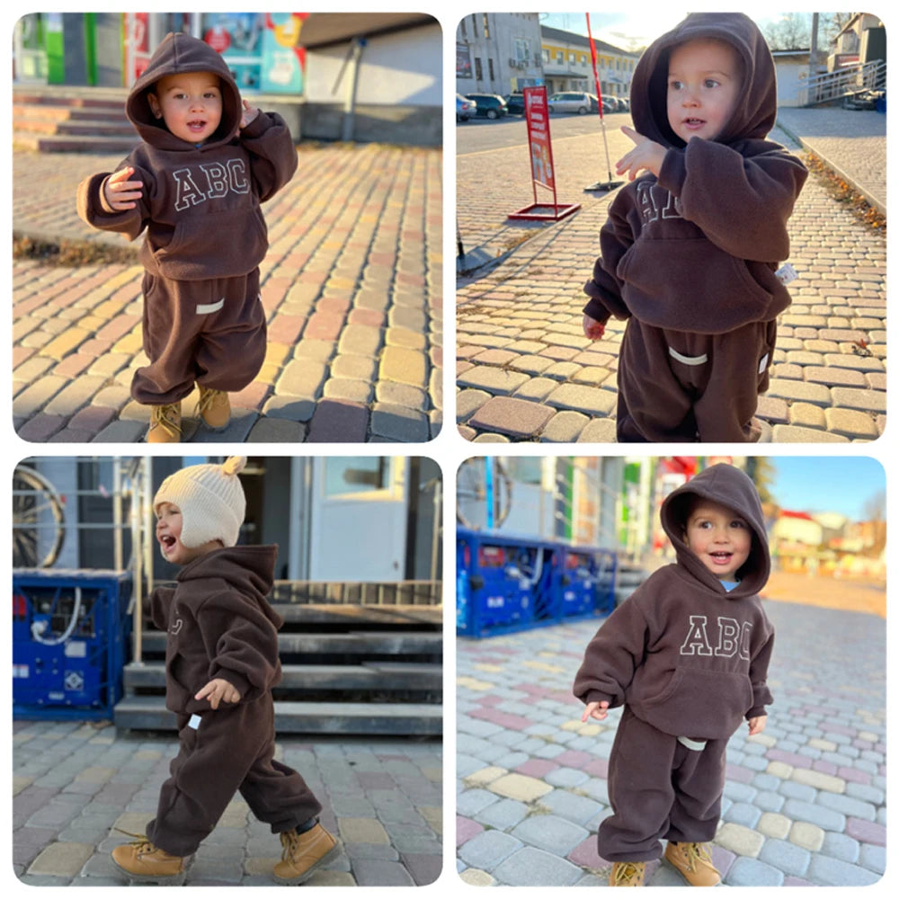Children's Fleece Suits Insulated Baby Boy Winter Clothes Sets Letters Pullover Hoodie Sweater Top Pants Outfit Girl Tracksuit