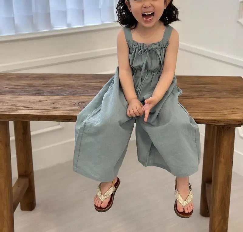 2025 Summer New Girls Jumpsuit Loose Children Wide Leg Pants Cotton Baby Girls Sling Pants Fashion Kids Clothes