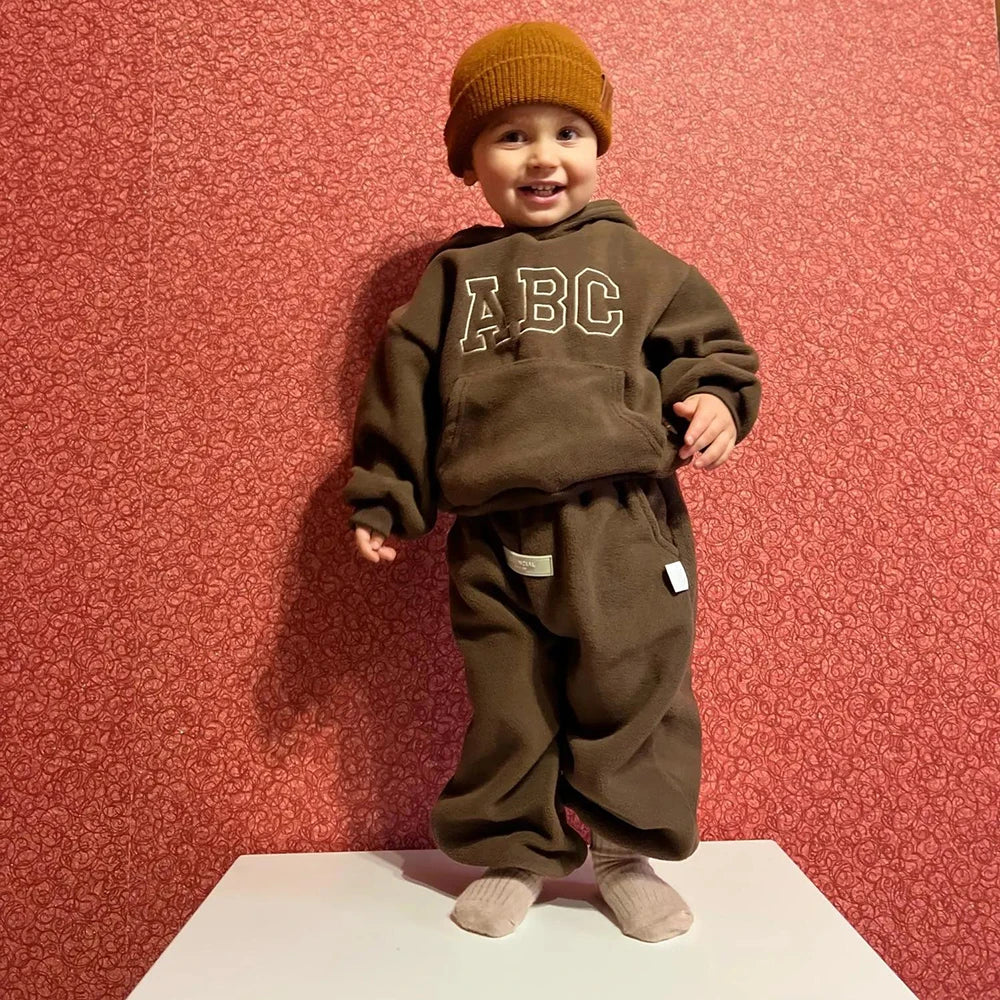 Children's Fleece Suits Insulated Baby Boy Winter Clothes Sets Letters Pullover Hoodie Sweater Top Pants Outfit Girl Tracksuit