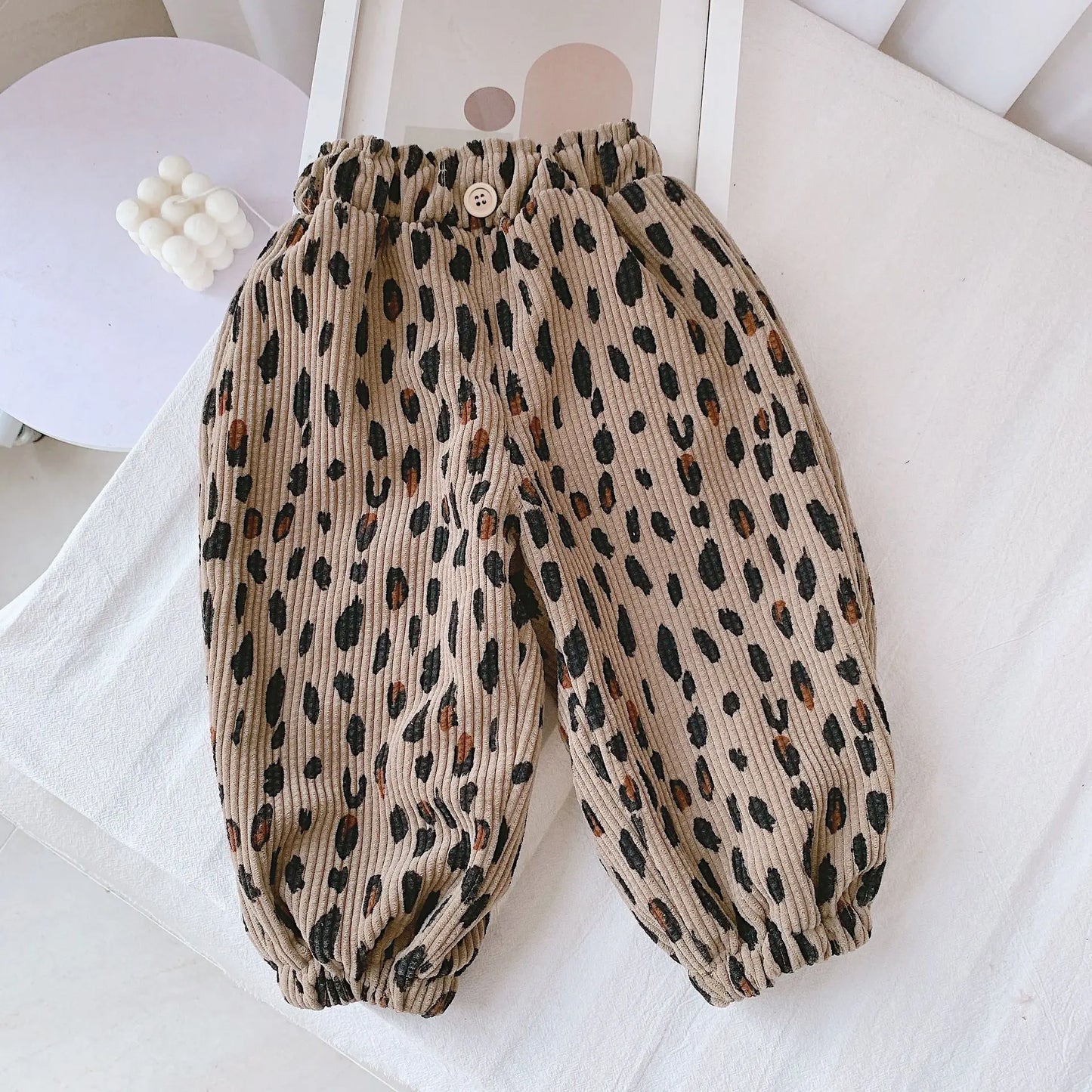 Korean Style Toddler Girls Corduroy Harem Pants 1-8Y Leopard Floral Print Autumn Winter Fleece-Lined or Thin Casual Pants