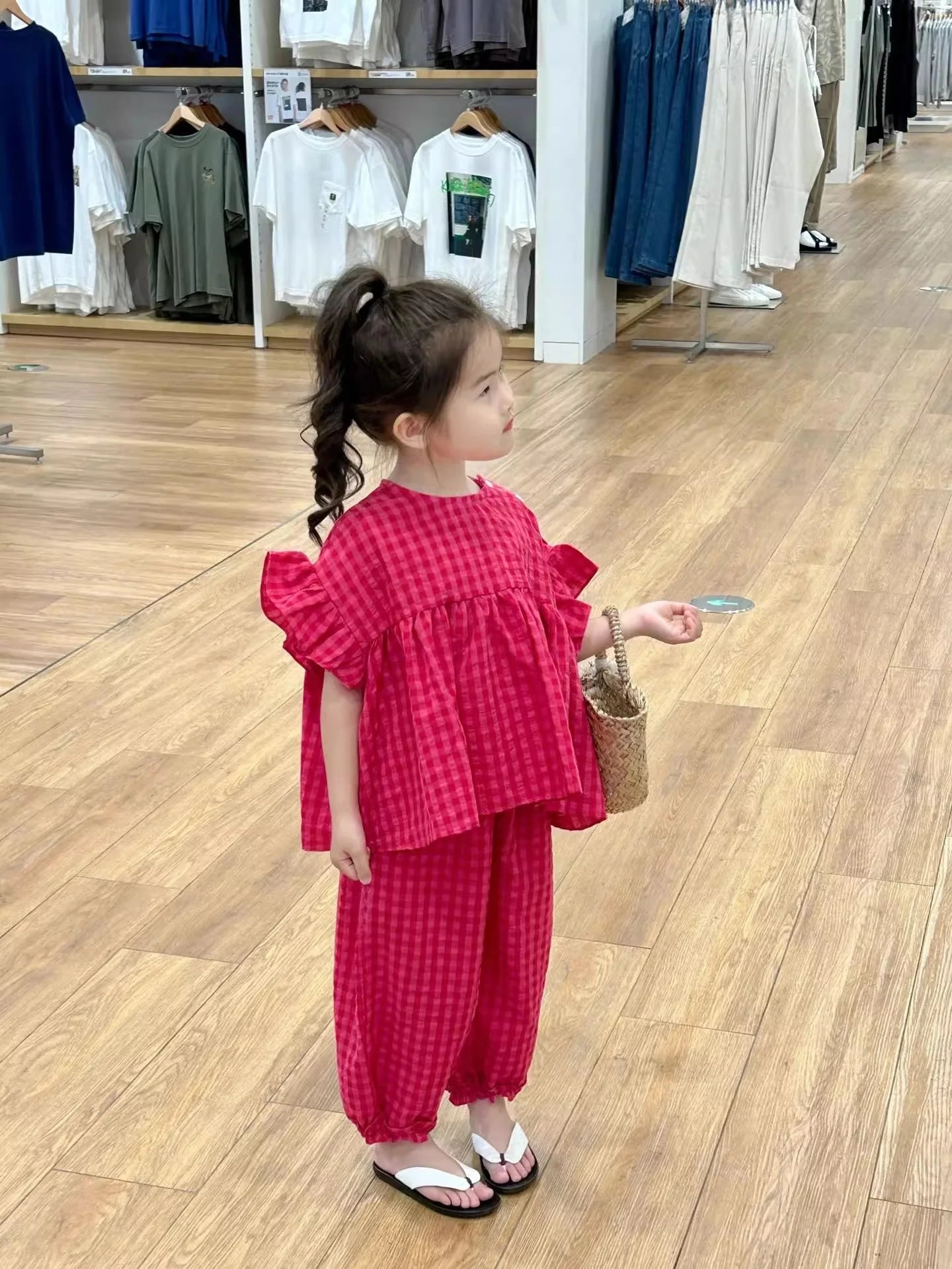 Summer Spring Baby Girls Cotton Loose Red Plaid Ruffle Sleeves Shirt Tops+Crop Pant Sets Child Outfit Kids 2PCS Tracksuit 2-10Yr