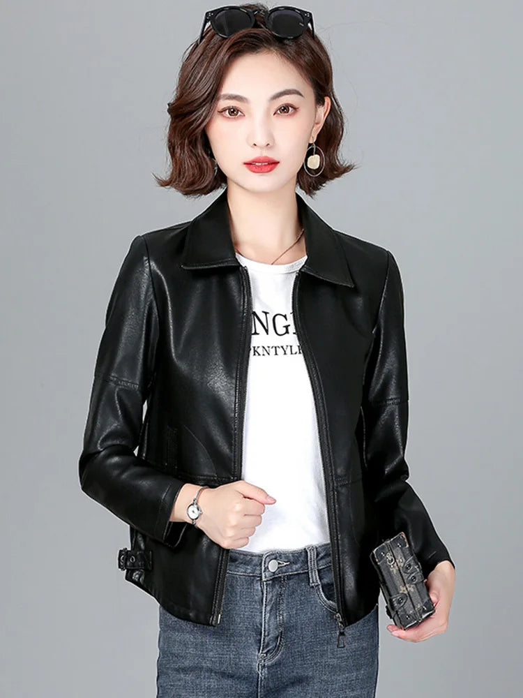 New Women Sheepskin Jacket Spring Autumn 2025 Fashion Casual Long Sleeve Short Zipper Leather Coat Loose Split Leather Outerwear