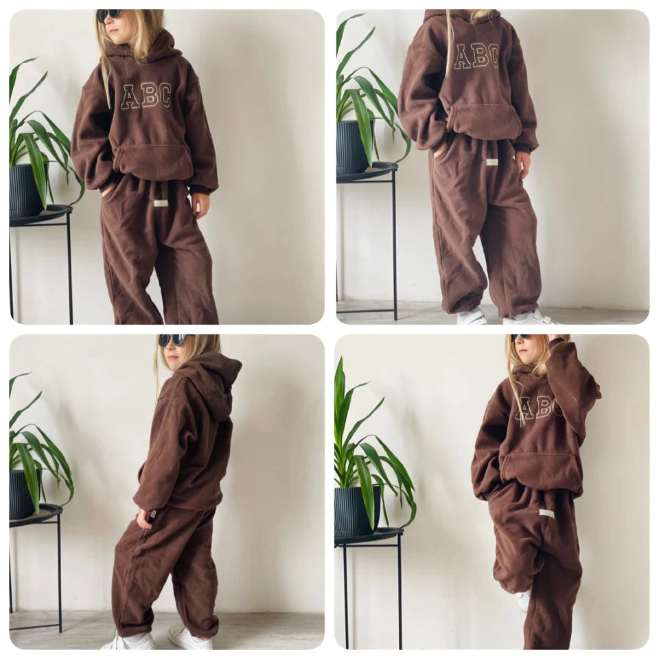 Children's Fleece Suits Insulated Baby Boy Winter Clothes Sets Letters Pullover Hoodie Sweater Top Pants Outfit Girl Tracksuit