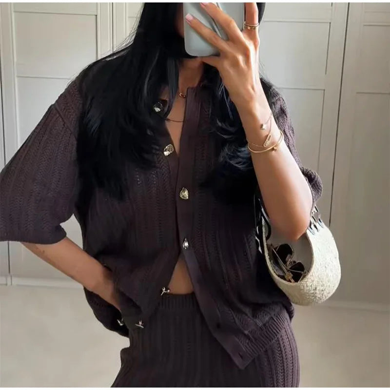 Fashion Knitted Long Pants Sets For Women Elegant Short Sleeve Lapel Single Breasted Cardigan Wide Leg Trousers 2 Pieces Suits