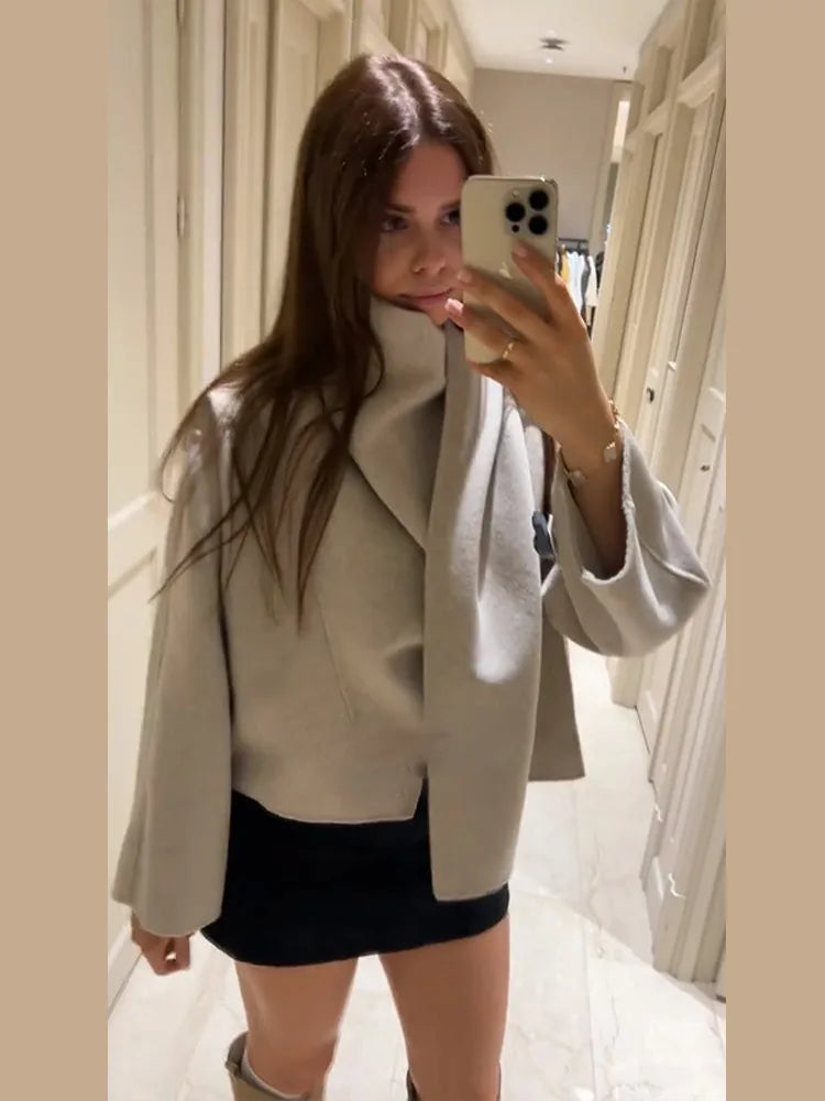 Winter Jacket Women Scarf Collar Short Woolen Coats Autumn 2025 Old Money Long Sleeve Solid Loose Bomber Jackets Chic Outerwears