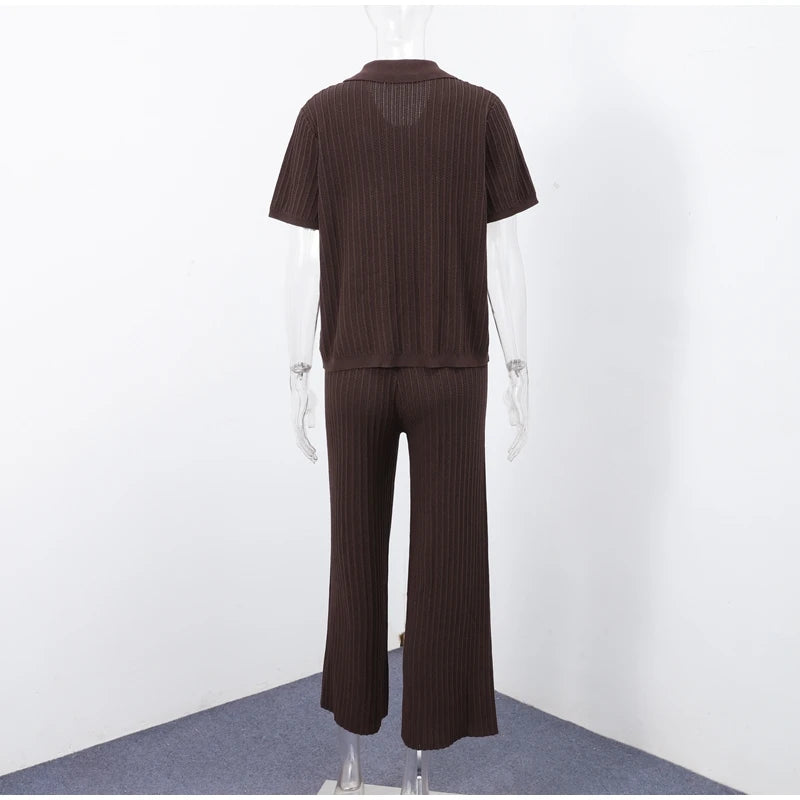 Fashion Knitted Long Pants Sets For Women Elegant Short Sleeve Lapel Single Breasted Cardigan Wide Leg Trousers 2 Pieces Suits