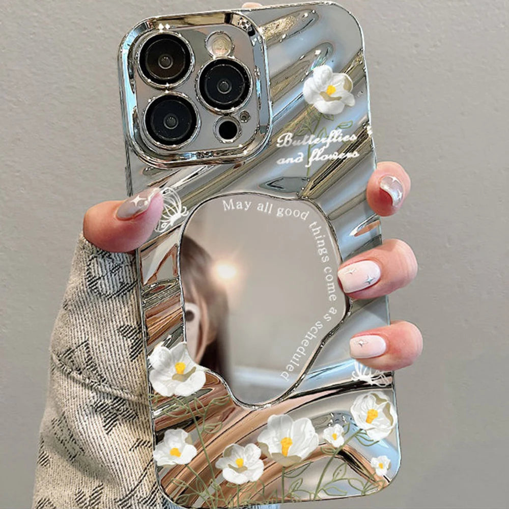 Luxury Flower Make Up Mirror Phone Case For iPhone 13 11 15 14 16 Pro Max 12 16promax 15promax 14promax Shockproof Funda Cover