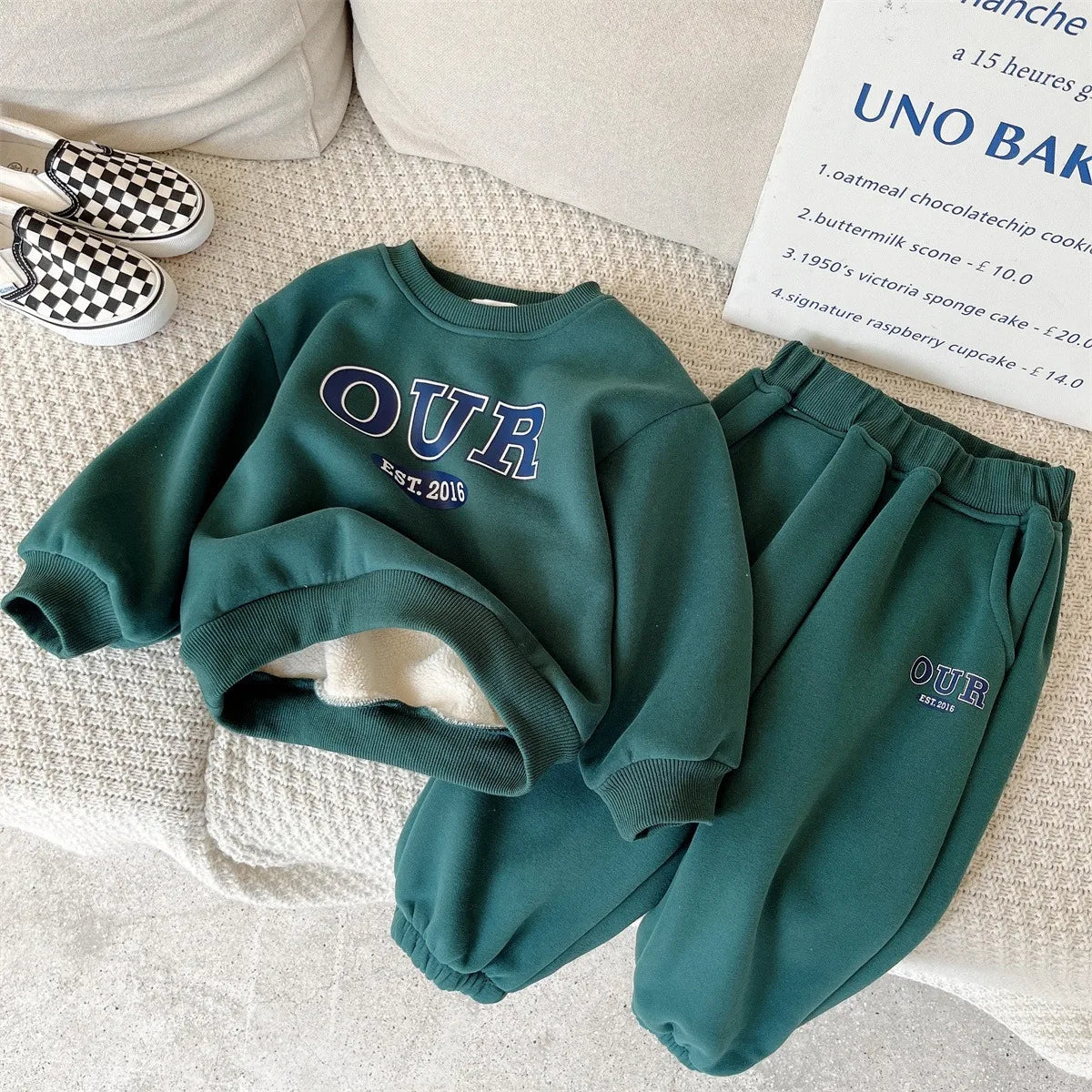 Children's Fleece Suits Insulated Baby Boy Winter Clothes Sets Letters Pullover Hoodie Sweater Top Pants Outfit Girl Tracksuit