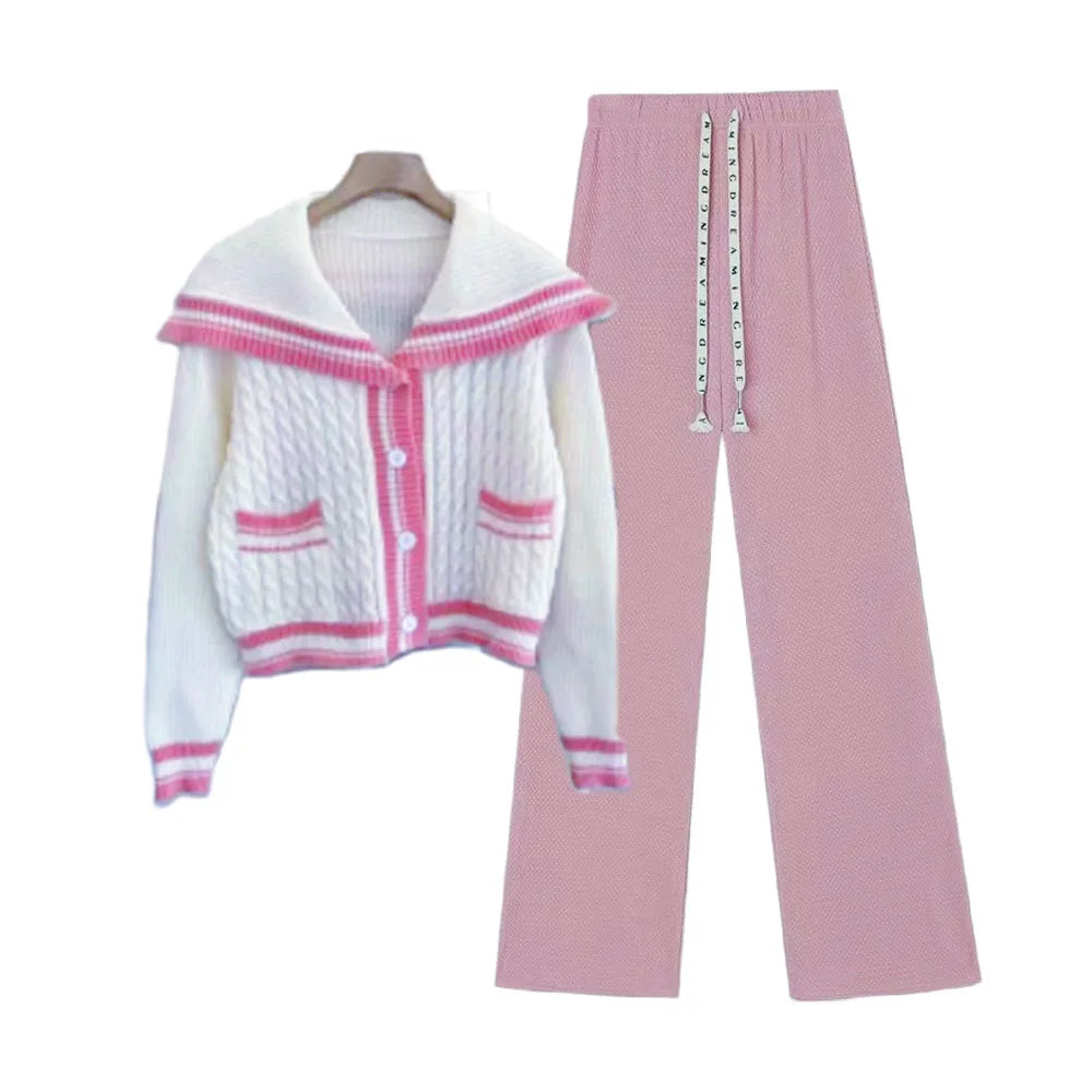 New In Spring Women's 2 Pieces Set Sweet Preppy Style Sweater Cardigan Long Sleeve Crop Top Wide Leg Pants Casual Lady's Outfits