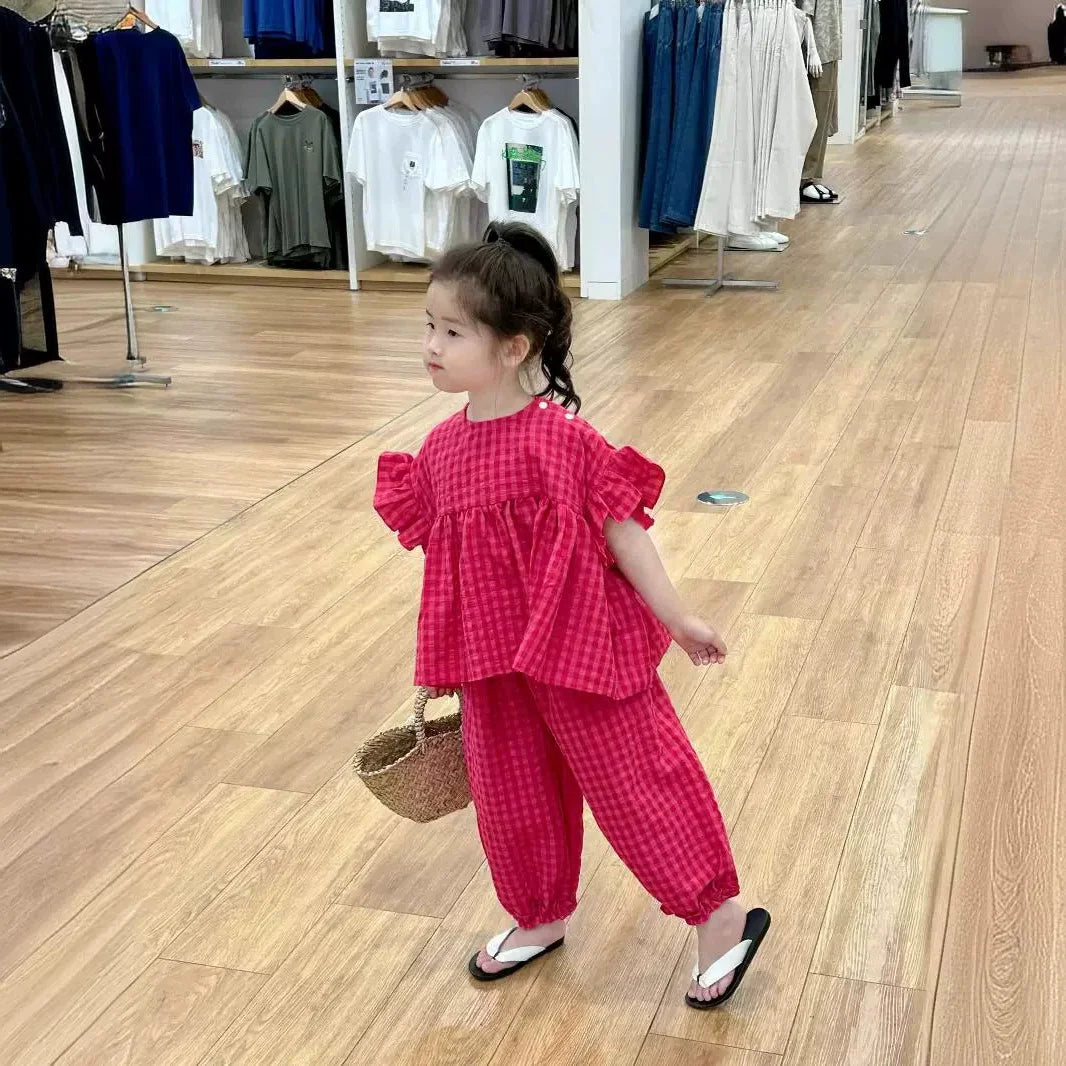 Summer Spring Baby Girls Cotton Loose Red Plaid Ruffle Sleeves Shirt Tops+Crop Pant Sets Child Outfit Kids 2PCS Tracksuit 2-10Yr