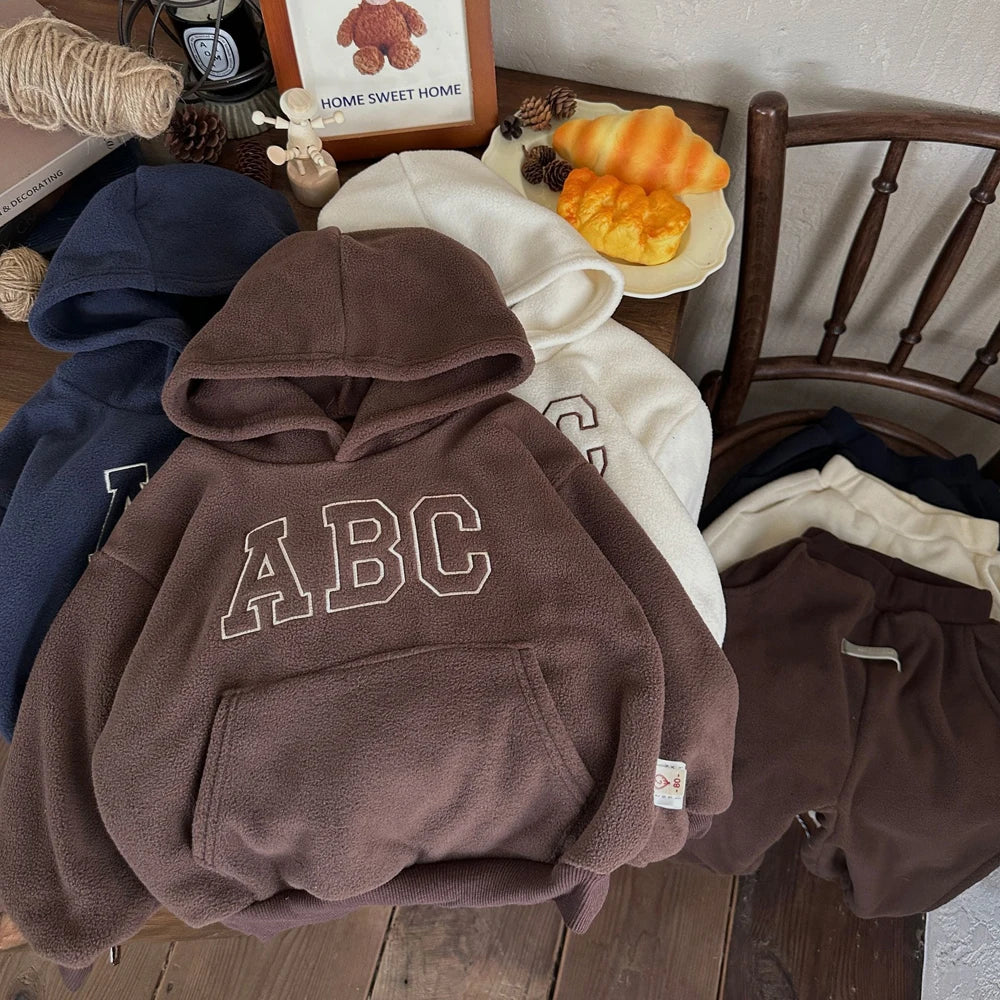 Children's Fleece Suits Insulated Baby Boy Winter Clothes Sets Letters Pullover Hoodie Sweater Top Pants Outfit Girl Tracksuit