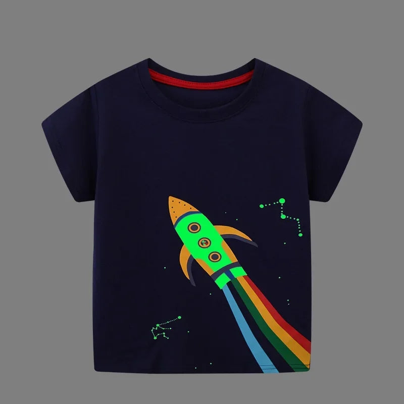 Kids Luminous Cartoon Dinosaur T-shirt 2-7 Years 100% Cotton Baby Boys Tees Summer New Short Sleeve Tops Dropshipping