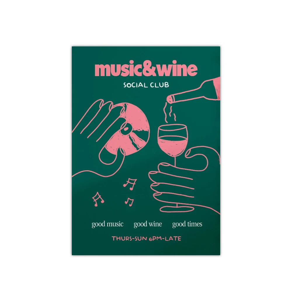 1PC Frameless Retro Music & Wine Illustration Posters Canvas Painting Wine Hand Drawn Print Wall Art Home Kitchen Club Bar Decor