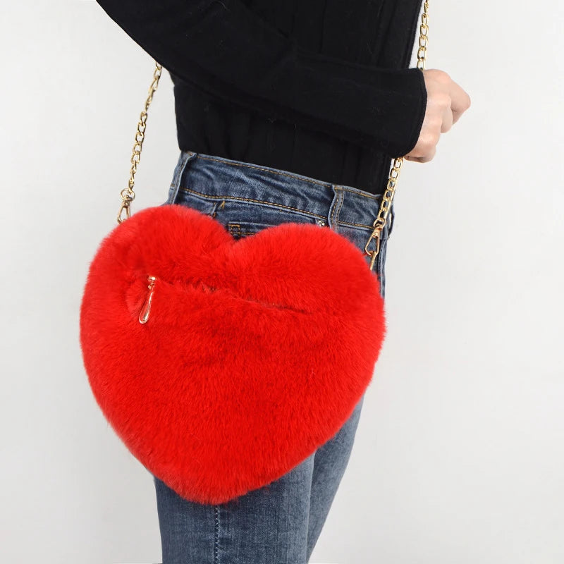 Fashion Women's Heart Shaped Handbags Cute Faux Fur Crossbody Bags Lady Soft Plush Chain Shoulder Bag Shopper Totes