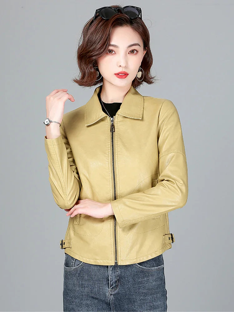 New Women Sheepskin Jacket Spring Autumn 2025 Fashion Casual Long Sleeve Short Zipper Leather Coat Loose Split Leather Outerwear