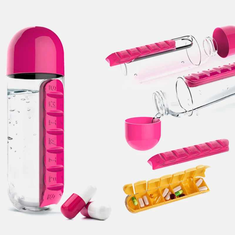 2 in 1 600ml 7 Grids Medicine Box Water Cup Sports Plastic Water Bottle Combine Daily Pill Boxes Organizer Drinking Bottles