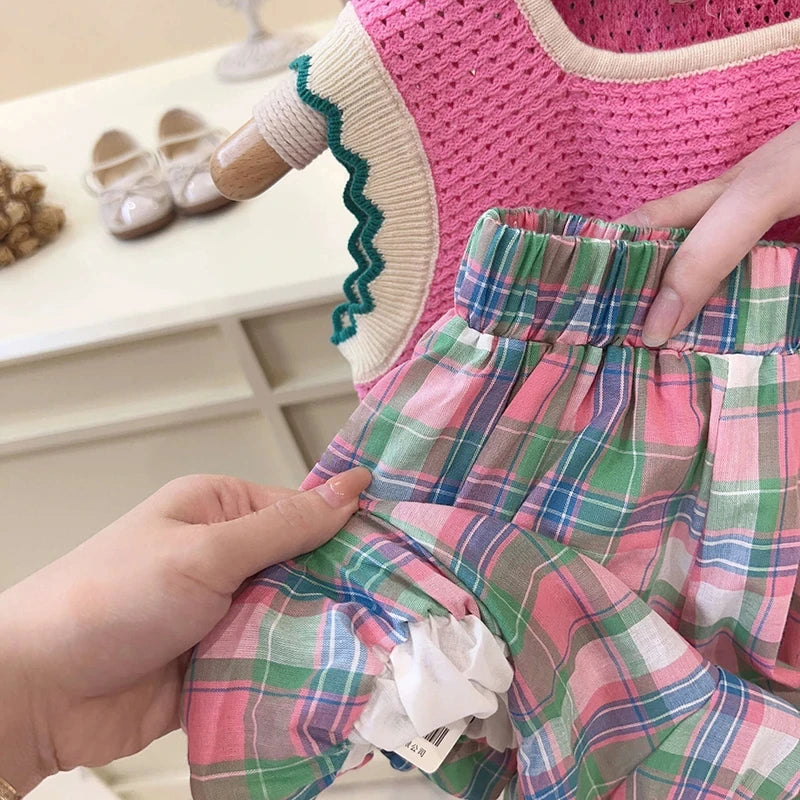 Girl's Clothing Sets 2025 Summer Korean Pink Thin Knitted Girl Set Children Hollow Breathable Vest +Flower Bud Shorts Two-piece
