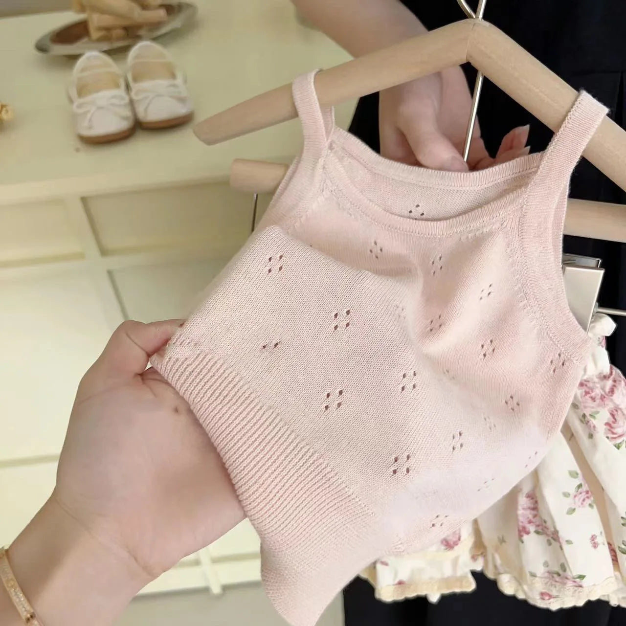 Ins Summer Toddler Girl Outfit 2024 Hollow Cool Slip Tees Lace Rose Flower Bud Shorts Baby Girl 2PCS Clothes Set Kid Girl Suits